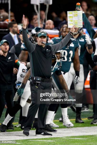 Head coach Doug Pederson of the Philadelphia Eagles celebrates defeating the New England Patriots 41-33 in Super Bowl LII at U.S. Bank Stadium on...