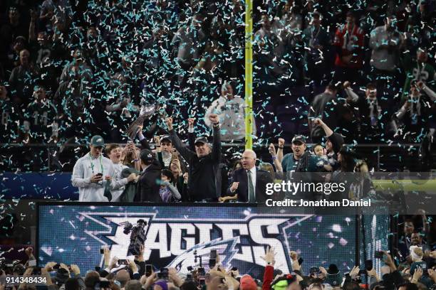 Head coach Doug Pederson, owner Jeffrey Lurie and Nick Foles of the Philadelphia Eagles celebrate with the Vince Lombardi Trophy after the Eagles...