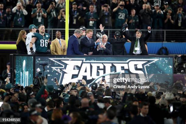 Commissioner Roger Goodell presents the Vince Lombardi Trophy to Philadelphia Eagles owner Jeffrey Lurie after they defeated the New England Patriots...