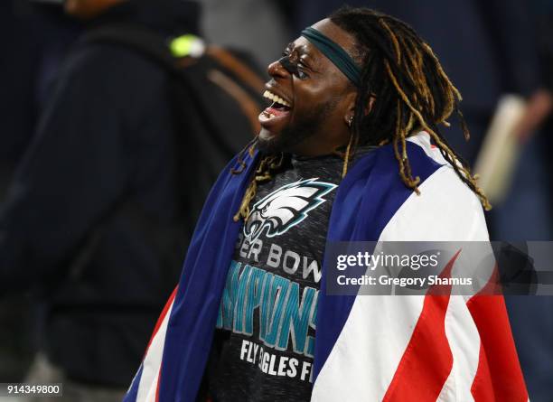 Jay Ajayi of the Philadelphia Eagles celebrates defeating the New England Patriots 41-33 in Super Bowl LII at U.S. Bank Stadium on February 4, 2018...