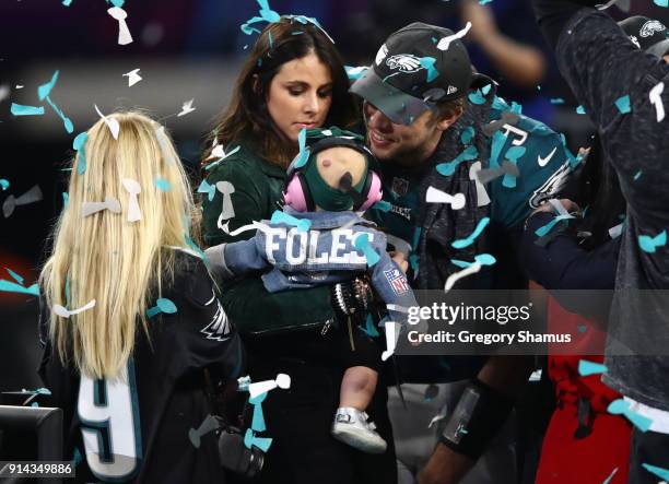 Nick Foles of the Philadelphia Eagles celebrates defeating the New England Patriots 41-33 with his wife Tori Moore in Super Bowl LII at U.S. Bank...