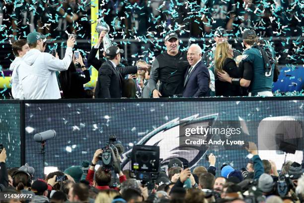 Head coach Doug Pederson of the Philadelphia Eagles hugs owner Jeffrey Lurie after they defeated the New England Patriots 41-33 in Super Bowl LII at...