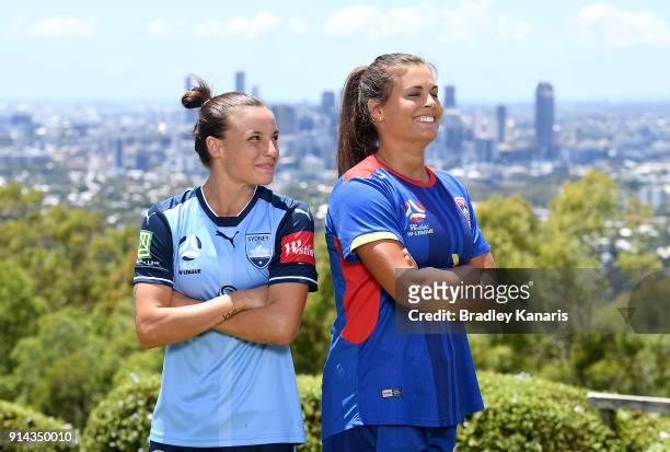 Chloe Logarzo of Sydney FC and Katie Stengel of Newcastle Jets share a laugh as they pose for a photo during the official launch of the W-League...
