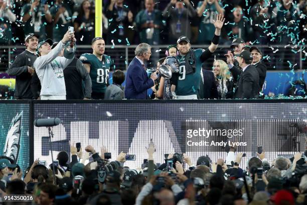 Personality Dan Patrick interviews Nick Foles of the Philadelphia Eagles as he is named Super Bowl MVP after they defeated the New England Patriots...