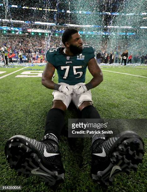 Vinny Curry of the Philadelphia Eagles celebrates after defeating the New England Patriots 41-33 in Super Bowl LII at U.S. Bank Stadium on February...
