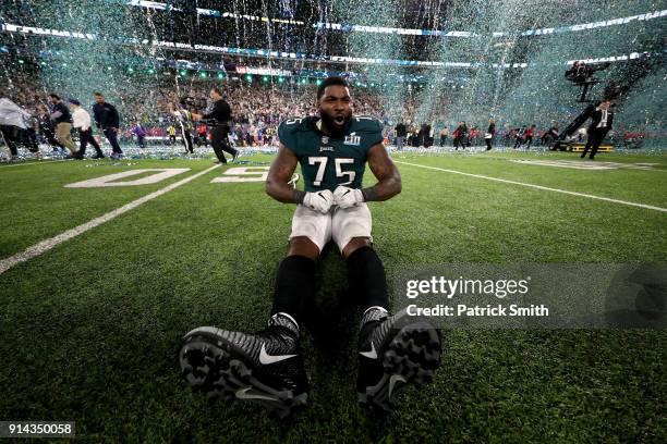 Vinny Curry of the Philadelphia Eagles celebrates after defeating the New England Patriots 41-33 in Super Bowl LII at U.S. Bank Stadium on February...