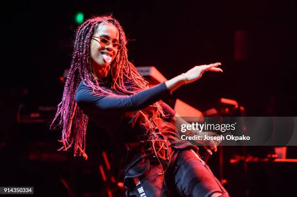 Supports Jhene Aiko on stage at KOKO on February 4, 2018 in London, England.