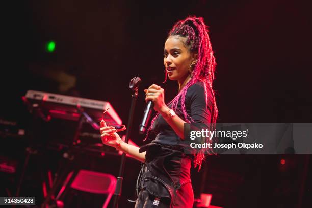 Supports Jhene Aiko on stage at KOKO on February 4, 2018 in London, England.