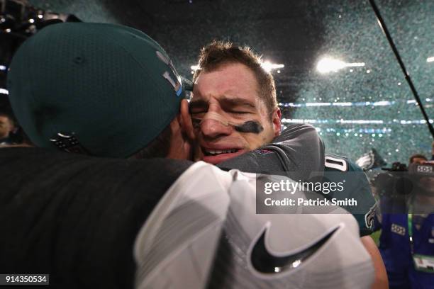 Brent Celek of the Philadelphia Eagles celebrates after defeating the New England Patriots 41-33 in Super Bowl LII at U.S. Bank Stadium on February...