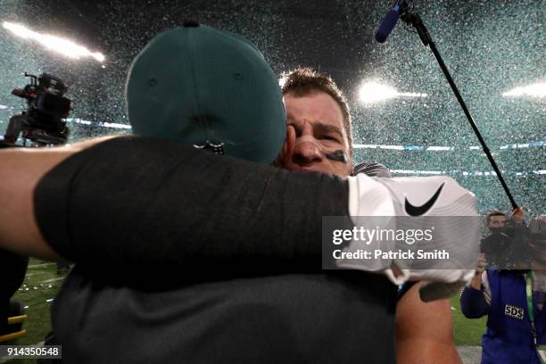 Brent Celek of the Philadelphia Eagles celebrates after defeating the New England Patriots 41-33 in Super Bowl LII at U.S. Bank Stadium on February...