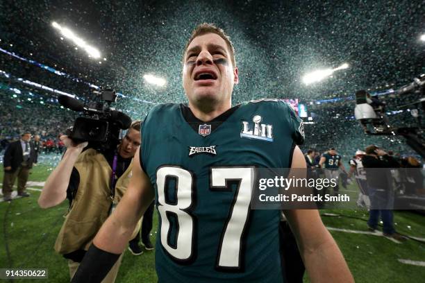 Brent Celek of the Philadelphia Eagles celebrates after defeating the New England Patriots 41-33 in Super Bowl LII at U.S. Bank Stadium on February...