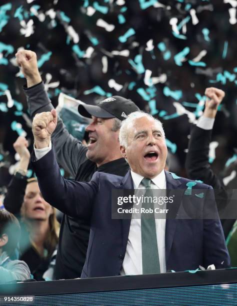 Jeffrey Lurie owner of the Philadelphia Eagles and head coach Doug Pederson celebrate their teams 41-33 victory over the New England Patriots in...