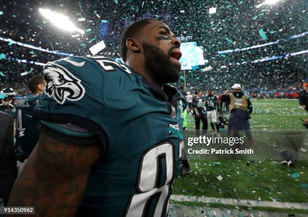 Torrey Smith of the Philadelphia Eagles celebrates after defeating the New England Patriots 41-33 in Super Bowl LII at U.S. Bank Stadium on February...