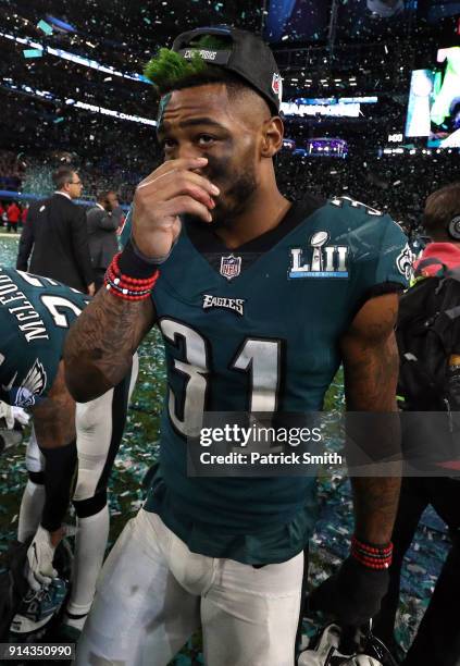 Jalen Mills of the Philadelphia Eagles celebrates after defeating the New England Patriots 41-33 in Super Bowl LII at U.S. Bank Stadium on February...