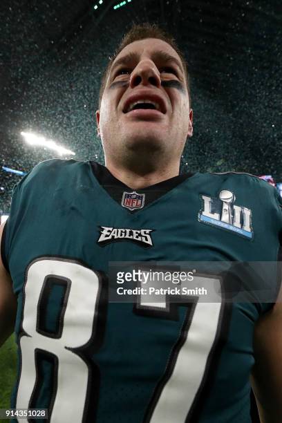 Brent Celek of the Philadelphia Eagles celebrates after defeating the New England Patriots 41-33 in Super Bowl LII at U.S. Bank Stadium on February...