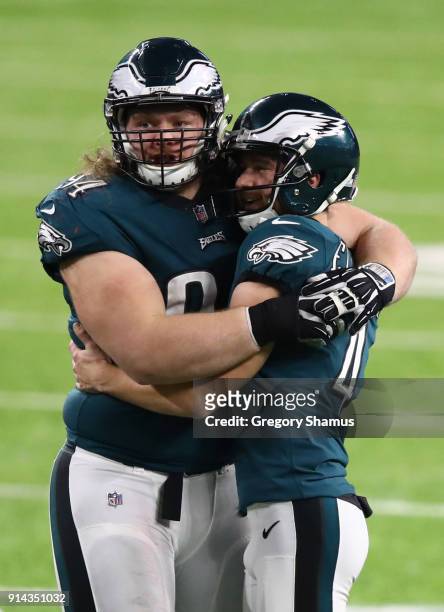 Beau Allen and Jake Elliott of the Philadelphia Eagles celebrate defeating the New England Patriots 41-33 in Super Bowl LII at U.S. Bank Stadium on...