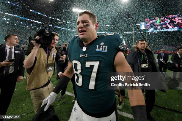 Brent Celek of the Philadelphia Eagles celebrates after defeating the New England Patriots 41-33 in Super Bowl LII at U.S. Bank Stadium on February...