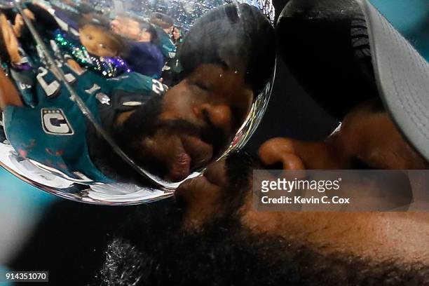 Brandon Graham of the Philadelphia Eagles celebrates with the Vince Lombardi Trophy after his teams 41-33 win over the New England Patriots in Super...