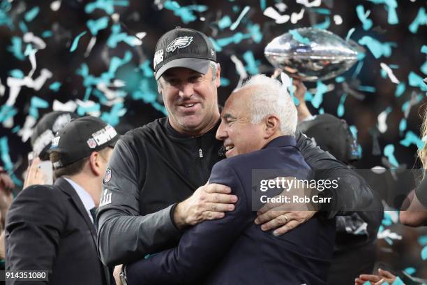 Jeffrey Lurie owner of the Philadelphia Eagles and head coach Doug Pederson celebrate their teams 41-33 victory over the New England Patriots in...