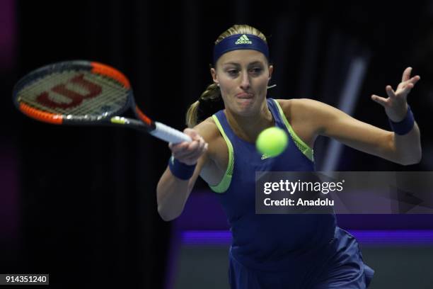 Kristina Mladenovic of France returns the ball during final match against Petra Kvitova of Czech Respublic at the St.Petersburg Ladies Trophy 2018...