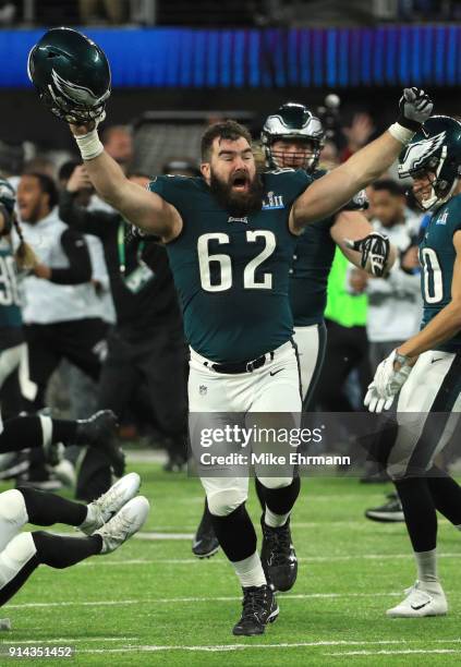 Jason Kelce of the Philadelphia Eagles celebrates after defeating the New England Patriots 41-33 in Super Bowl LII at U.S. Bank Stadium on February...