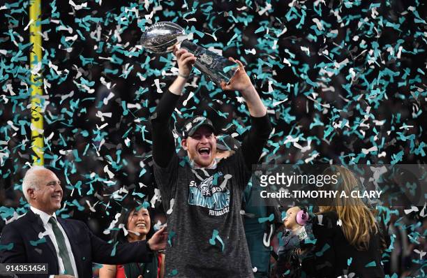 Philadelphia Eagles quarterback Carson Wentz celebrates after winning Super Bowl LII against the New England Patriots at US Bank Stadium in...