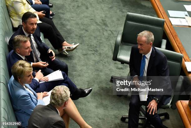 Bill Shorten speaks to his front bench colleagues during Question Time in the House of Representatives on February 5, 2018 in Canberra, Australia....