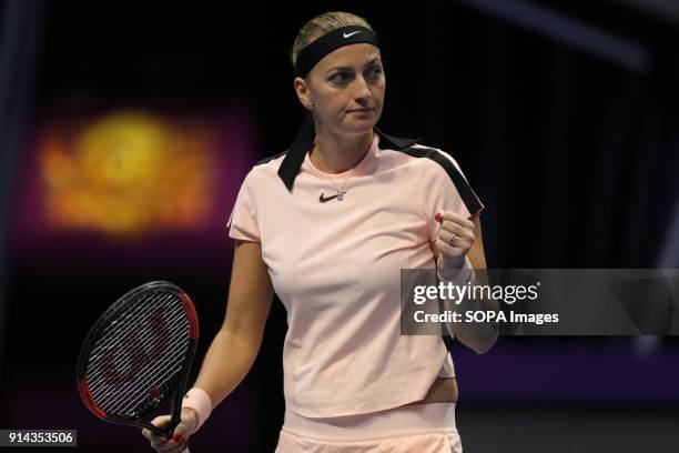 Petra Kvitova of Czech Republic reacts as she competes against Kristina Mladenovic of France during the St. Petersburg Ladies Trophy ATP tennis...