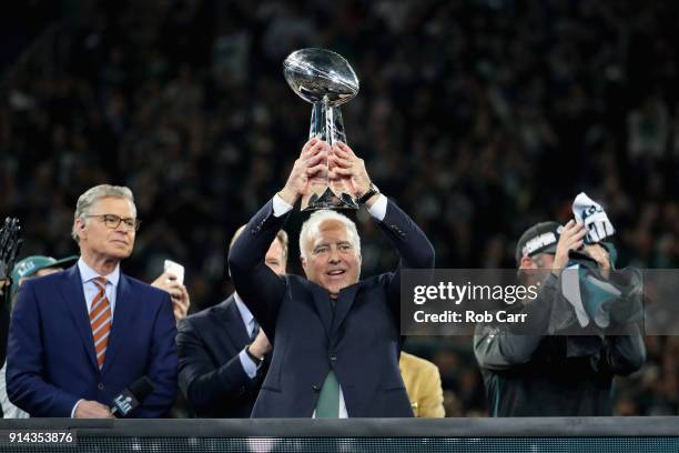 Jeffrey Lurie owner of the Philadelphia Eagles holds up the Vince Lombardi Trophy after his teams 41-33 victory over the New England Patriots in...