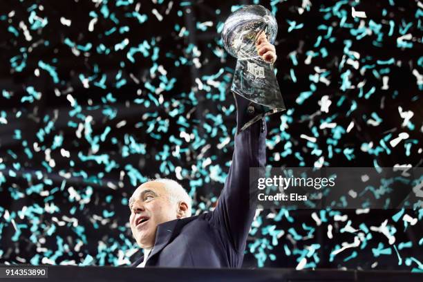 Philadelphia Eagles owner Jeffrey Lurie celebrates with the Vince Lombardi Trophy after the Eagles defeated the New England Patriots 41-33 in Super...