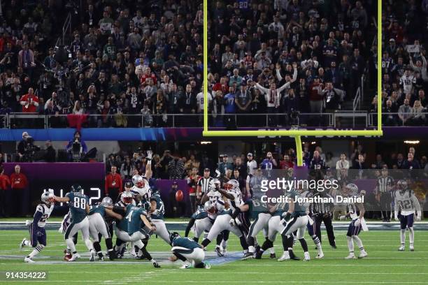 Jake Elliott of the Philadelphia Eagles kicks a field goal against the New England Patriots in Super Bowl LII at U.S. Bank Stadium on February 4,...