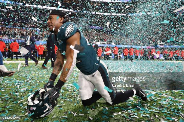Patrick Robinson of the Philadelphia Eagles celebrates after defeating the New England Patriots 41-33 in Super Bowl LII at U.S. Bank Stadium on...