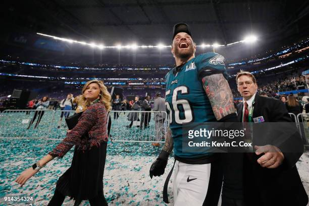 Chris Long of the Philadelphia Eagles celebrates his teams 41-33 victory over the New England Patriots in Super Bowl LII at U.S. Bank Stadium on...