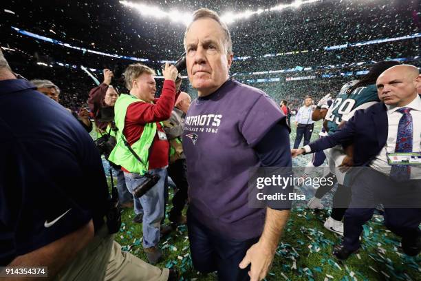 Head coach Bill Belichick reacts after the Philadelphia Eagles defeated the New England Patriots 41-33 in Super Bowl LII at U.S. Bank Stadium on...