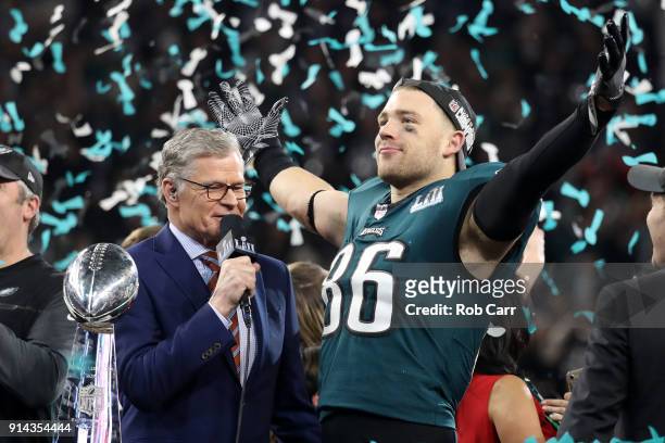 Zach Ertz of the Philadelphia Eagles celebrates his teams 41-33 victory over the New England Patriots in Super Bowl LII at U.S. Bank Stadium on...