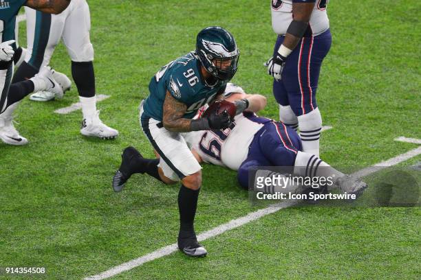 Philadelphia Eagles defensive end Derek Barnett recovers a New England Patriots quarterback Tom Brady fumble during the fourth quarter of Super Bowl...