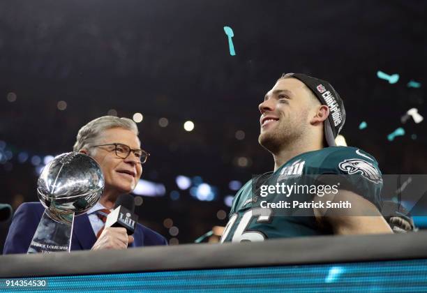 Zach Ertz of the Philadelphia Eagles celebrates after defeating the New England Patriots 41-33 in Super Bowl LII at U.S. Bank Stadium on February 4,...