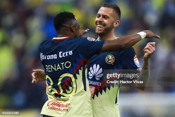 Jeremy Menez of America celebrates with Renato Ibarra after scoring the fifth goal of his team during the 5th round match between America and Lobos...