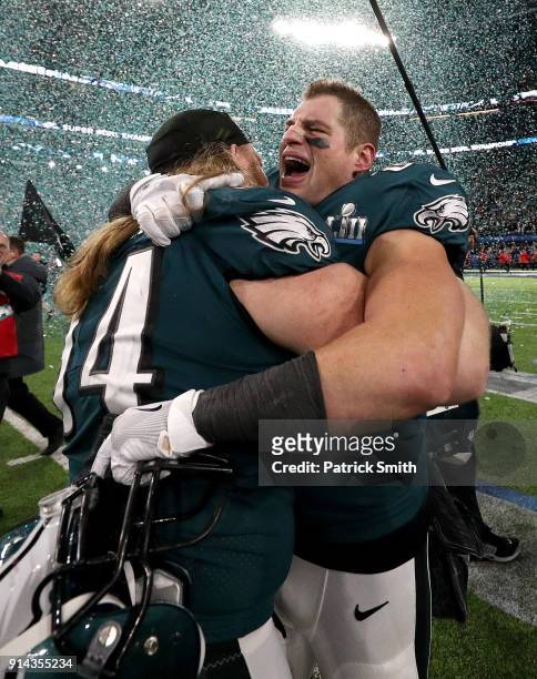 Brent Celek of the Philadelphia Eagles celebrates after defeating the New England Patriots 41-33 in Super Bowl LII at U.S. Bank Stadium on February...