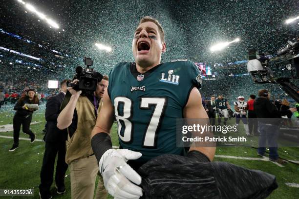 Brent Celek of the Philadelphia Eagles celebrates after defeating the New England Patriots 41-33 in Super Bowl LII at U.S. Bank Stadium on February...