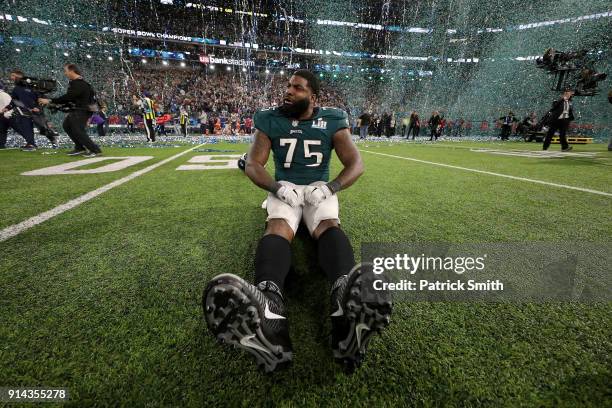 Vinny Curry of the Philadelphia Eagles celebrates after defeating the New England Patriots 41-33 in Super Bowl LII at U.S. Bank Stadium on February...