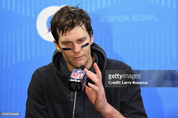 Tom Brady of the New England Patriots speaks to the media after losing 41-33 to the Philadelphia Eagles in Super Bowl LII at U.S. Bank Stadium on...