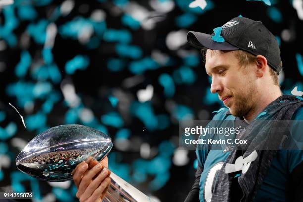 Nick Foles of the Philadelphia Eagles celebrates with the Vince Lombardi Trophy after his teams 41-33 victory over the New England Patriots in Super...