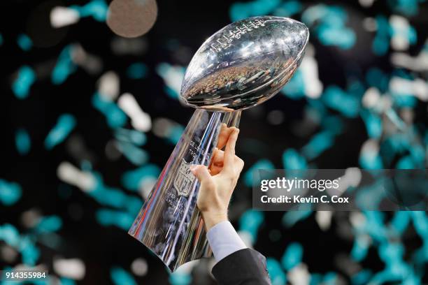 View of the Vince Lombardi trophy after the Philadelphia Eagles 41-33 victory over the New England Patriots in Super Bowl LII at U.S. Bank Stadium on...