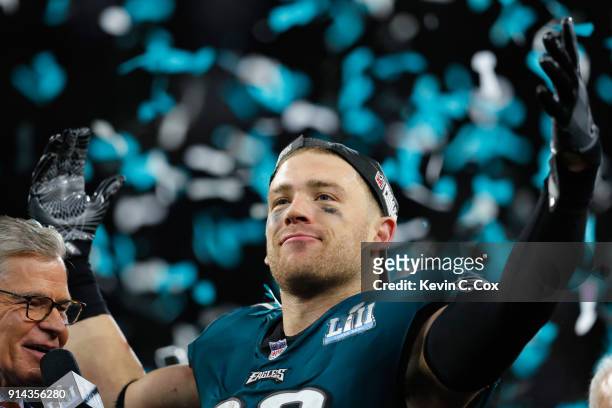 Zach Ertz of the Philadelphia Eagles his teams 41-33 victory over the New England Patriots in Super Bowl LII at U.S. Bank Stadium on February 4, 2018...