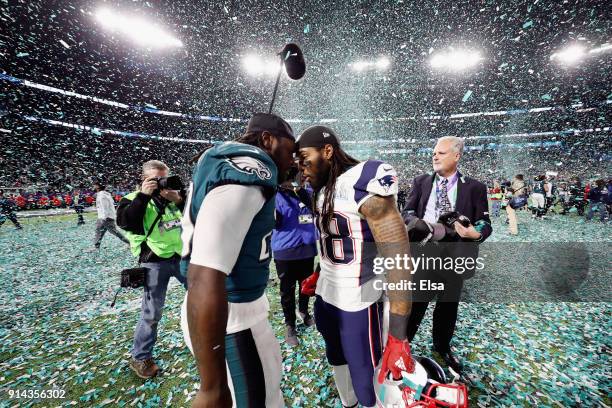 LeGarrette Blount of the Philadelphia Eagles and Brandon Bolden of the New England Patriots greet each other after the Eagles defeated the Patriots...