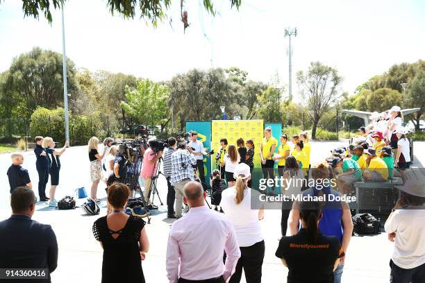 General view is seen as Head coach Lisa Alexander speaks to media during the Australian Netball Commonwealth Games Team Announcement at State Netball...