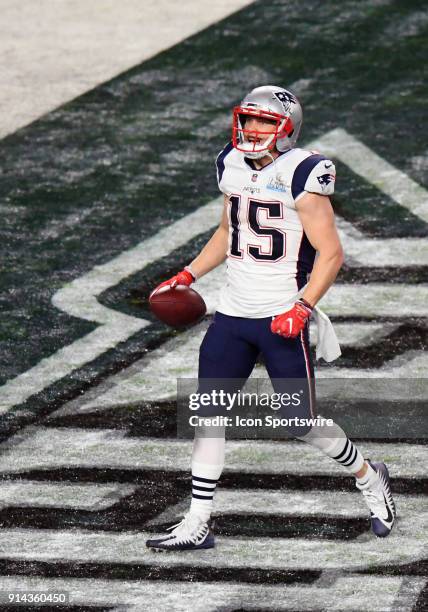 New England Patriots Wide Receiver Chris Hogan celebrates his 26-yard 3rd quarter touchdown reception during Super Bowl LII on February 04, 2018 at...