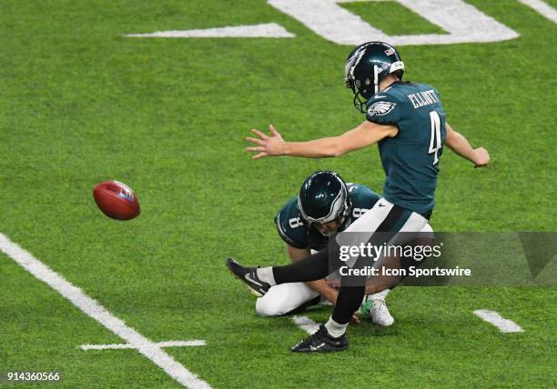 Philadelphia Eagles Place Kicker Jake Elliott kicks a 46-yard field goal late in the 4th quarter of Super Bowl LII on February 04, 2018 at U.S. Bank...