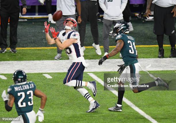 New England Patriots Wide Receiver Chris Hogan catches a pass on the coverage of Philadelphia Eagles Cornerback Jalen Mills during Super Bowl LII on...